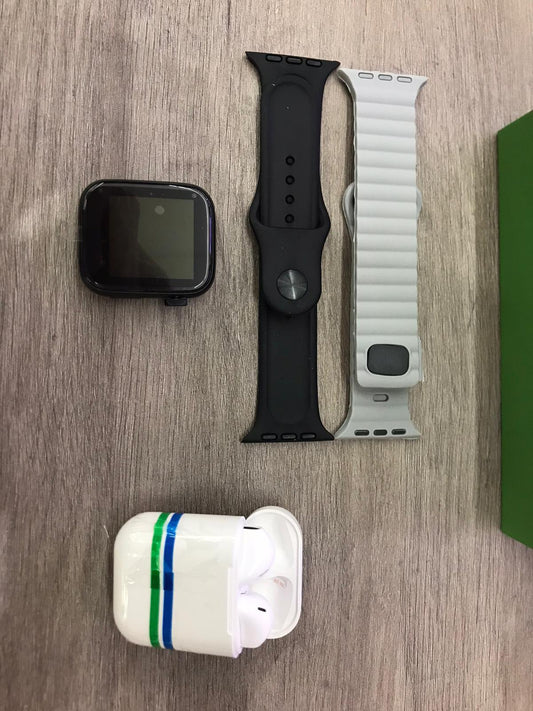 Smartwatch negro + Airpods (reloj inteligente)